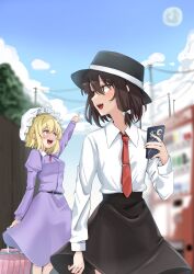  2girls belt black_hat black_skirt blonde_hair blurry blurry_background blush bow brown_eyes brown_hair cellphone clouds collared_dress collared_shirt commentary_request cowboy_shot day dress hair_bow hat highres long_sleeves looking_at_another maribel_hearn medium_hair mob_cap moon multiple_girls neck_ribbon necktie open_mouth otsu_toho phone pointing pointing_up power_lines purple_dress red_necktie red_ribbon ribbon rolling_suitcase shirt shirt_tucked_in skirt smartphone suitcase teeth tie_clip touhou tree turning_head upper_teeth_only usami_renko utility_pole vending_machine violet_eyes white_bow white_shirt wingtip_collar 