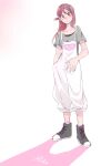  1girl black_footwear blush character_name closed_mouth colored_shadow commentary_request full_body grey_shirt hair_between_eyes hair_ornament hairclip hand_in_pocket highres kashikaze long_hair looking_at_viewer love_live! love_live!_sunshine!! overalls pink_socks redhead sakurauchi_riko shadow shirt short_sleeves socks solo standing white_background white_overalls yellow_eyes 