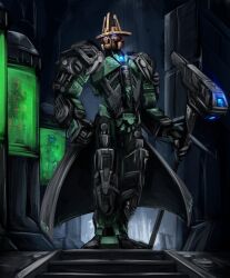  1boy absurdres artakha_(being) bionicle clothes_writing commentary dark english_commentary forge full_body glowing gold_mask hammer highres holding holding_hammer humanoid_robot indoors kanohi_(bionicle) looking_to_the_side male_focus perp3tual robot science_fiction solo_focus standing stasis_tank the_lego_group waist_cape 