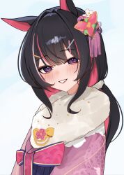  1girl animal_ears azki_(hololive) azki_(new_year)_(hololive) black_hair blue_hakama colored_inner_hair commentary_request floral_print floral_print_kimono fur_shawl grin hair_ornament hakama hakama_skirt highres hololive horse_ears japanese_clothes kanzashi kimono long_hair looking_at_viewer low_ponytail mole mole_under_eye multicolored_hair official_alternate_costume pink_hair pink_kimono pink_streaks ponytail print_kimono rifufu shawl simple_background skirt smile solo upper_body violet_eyes virtual_youtuber white_background white_streaks 