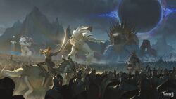  1girl 6+boys absurdres arm_up armor armored_animal army banner battle battle_standard black_hole blonde_hair commentary elf fantasy giant grey_sky helm helmet highres holding holding_sword holding_weapon horse horseback_riding long_hair monster mountain multiple_boys original outdoors planted planted_sword plate_armor pointy_ears riding shield sky sonech sword tentacles war_banner weapon 