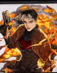  1boy bat_signal batman_(series) batman_symbol belt black_bodysuit black_gloves black_hair bodysuit brown_jacket commentary_request dc_comics gloves green_eyes grey_bodysuit highres huanxi jacket jason_todd looking_at_viewer male_focus multicolored_bodysuit muscular muscular_male open_clothes pants red_hood_(dc) red_hood_and_the_outlaws short_hair superhero_costume taut_bodysuit two-tone_bodysuit upper_body utility_belt western_comics_(style) 