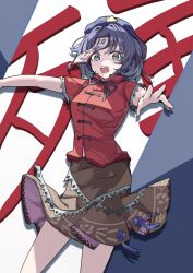  1girl absurdres alternate_eye_color black_ribbon breasts brown_skirt chinese_clothes commentary_request cowboy_shot green_eyes hat hat_ornament highres jiangshi lace-trimmed_sleeves lace_trim looking_at_viewer medium_breasts miyako_yoshika neck_ribbon newsboy_cap ofuda open_mouth outstretched_arms purple_hair purple_hat red_shirt ribbon sharp_teeth shirt short_sleeves skirt solo star_(symbol) star_hat_ornament suzukiairi0001 tangzhuang tassel teeth touhou white_background zombie_pose 