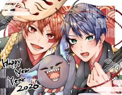  1other 2boys ace_trappola blue_hair closed_eyes commentary_request creature deuce_spade green_eyes grim_(twisted_wonderland) happy_new_year highres holding holding_mask looking_at_viewer male_focus mask multiple_boys open_mouth red_eyes red_hair sharp_teeth teeth twisted_wonderland twst_ykyknk 