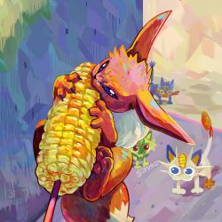 absurdres animal blue_eyes building cat colored_eyepatch colored_sclera commentary corn corn_cob creature creature_focus day eating eevee english_commentary eyepatch food head_tilt highres litten meowth no_humans outdoors painterly pokemon pokemon_(creature) sidewalk sifyro signature sprigatito wide-eyed yellow_sclera