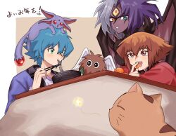  angel_wings aqua_hair blue_hair brown_eyes brown_hair commentary_request crystal_beast_ruby_carbuncle daitokuji demon_girl demon_horns demon_wings duel_monster eating facial_mark food green_eyes heterochromia highres horns japanese_clothes johan_andersen kimono kotatsu multicolored_hair new_year nmohh8 noodles orange_eyes pharaoh_(cat) table third_eye translation_request white_hair winged_kuriboh wings yu-gi-oh! yu-gi-oh!_gx yubel yuki_judai 