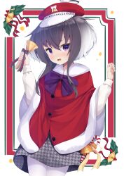  1girl black_hair capelet commentary_request fur-trimmed_capelet fur_trim grey_hair hair_between_eyes hat highres kantai_collection long_sleeves looking_at_viewer nakatsurugi_(kasegawa_makase) official_alternate_costume pantyhose red_capelet red_hat short_hair short_hair_with_long_locks smile tokitsukaze_(christmas)_(kancolle) tokitsukaze_(kancolle) violet_eyes white_pantyhose 