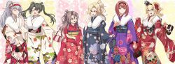 2girls absurdres alternate_costume ark_royal_(kancolle) ark_royal_(new_year)_(kancolle) bag black_hairband black_kimono blonde_hair blue_eyes blush brown_eyes brown_hair closed_eyes commentary commentary_request commission crown floral_print flower furisode grey_eyes grey_hair hair_flower hair_ornament hair_ribbon hairband handbag haregi high_ponytail highres holding holding_bag hornet_(kancolle) hornet_(new_year)_(kancolle) japanese_clothes kanmiya_shinobu kantai_collection kimono long_hair long_sleeves looking_at_viewer mini_crown multiple_girls obi official_alternate_costume one_eye_closed open_mouth pink_kimono ponytail print_kimono purple_kimono red_flower red_hair red_hairband red_kimono red_rose ribbon rose sash shoukaku_(kancolle) shoukaku_kai_ni_(kancolle) sidelocks simple_background skeb_commission smile standing tassel twintails warspite_(kancolle) warspite_(new_year)_(kancolle) white_fur white_hair white_kimono white_ribbon wide_sleeves zuihou_(kancolle) zuihou_(new_year)_(kancolle) zuihou_kai_ni_(kancolle) zuikaku_(kancolle) zuikaku_(new_year)_(kancolle) zuikaku_kai_ni_(kancolle) 