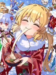  6+girls alternate_costume anger_vein angry blonde_hair blue_kimono blush chopsticks closed_mouth commentary_request cooking crystal crystal_wings eating facing_viewer flandre_scarlet food furisode grill grilling highres holding holding_chopsticks holding_mallet hong_meiling izayoi_sakuya japanese_clothes kimono kine mallet mochi mochi_trail mochitsuki mortar_(bowl) multicolored_wings multiple_girls nene_man new_year nose_bubble one_side_up pink_kimono purple_hair red_eyes red_kimono remilia_scarlet ringo_(touhou) seiran_(touhou) shichirin sleeping snow touhou wings zouni_soup 