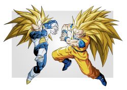  2boys armor blonde_hair blue_bodysuit blue_boots blue_sash blue_shirt blue_wrist_cuffs bodysuit boots clenched_teeth commentary_request dougi dragon_ball dragon_ball_daima full_body galick_gun gloves green_eyes grey_background highres kamehameha_(dragon_ball) long_hair male_focus multiple_boys muscular muscular_male n_(n14542698) no_eyebrows orange_pants orange_tunic pants powering_up saiyan_armor sash shirt simple_background son_goku spiky_hair super_saiyan super_saiyan_3 teeth tunic vegeta white_armor white_gloves widow's_peak wrist_cuffs 