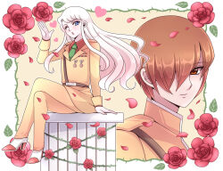  2boys ;o aged_up arm_at_side belt bishounen blue_eyes blush border brown_belt brown_eyes brown_hair chinmi_megu collared_shirt column commentary_request crossed_legs curtained_hair falling_petals floating_hair flower from_side full_body green_border green_necktie hair_over_one_eye hand_up high_collar high_heels inset_border jacket lapels light_smile long_bangs long_hair long_sleeves looking_at_viewer male_focus medal mikawaya_(patalliro!) multicolored_shoes multiple_boys necktie one_eye_closed outline pale_skin pants parted_bangs patalliro! patalliro_du_malyner_viii petals pillar portrait projected_inset red_flower red_rose red_shirt red_shoes ribbon_bar rose sam_browne_belt shirt shoes short_hair sitting swept_bangs thorns two-tone_shoes wavy_hair white_background white_hair white_outline white_shoes yellow_background yellow_jacket yellow_pants 
