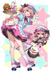  1boy alternate_costume animal-themed_food astolfo_(fate) bandaid bandaid_on_leg black_bow black_bowtie blush bow bowtie braid burger chibi chibi_inset commentary_request crossdressing crossdressing_(mtf) cup cupcake dress drink drinking_glass fang fate/apocrypha fate_(series) food frilled_dress frills full_body gradient_shadow hair_bow hair_intakes heart highres hippogriff_(fate) kan'yu_(citron_82) long_hair maid_headdress male_focus menu_board multicolored_hair open_mouth panties panty_peek pink_hair pixel_heart plaid_clothes plaid_dress roller_skates shoes single_braid skates skin_fang smile sneakers spoken_heart streaked_hair trap two-tone_hair underwear v very_long_hair violet_eyes visor_cap white_hair white_panties white_wrist_cuffs wrist_cuffs 