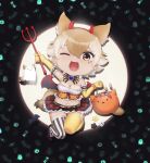  1girl absurdres animal_ears beleven blonde_hair bow bowtie camisole coyopotato coyote_(kemono_friends) demon_horns elbow_gloves extra_ears gloves halloween halloween_costume highres horns kemono_friends kemono_friends_v_project kneehighs looking_at_viewer one_eye_closed shoes short_hair simple_background skirt smile socks tail virtual_youtuber wolf_ears wolf_girl wolf_tail yellow_eyes 