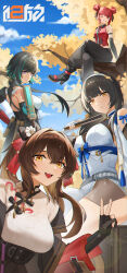  4girls :d ;d absurdres bare_shoulders black_gloves black_hair black_pants blue_eyes boots breasts brown_hair commentary_request crossed_legs cz75_(girls'_frontline) daiyan_(girls'_frontline_2) day dress elbow_gloves faye_(girls'_frontline_2) fingerless_gloves full_body girls'_frontline_2:_exilium girls_frontline gloves gradient_eyes green_hair grin hair_between_eyes hair_ribbon hairband hand_fan happy high_heel_boots high_heels highres holding holding_fan in_tree jiangyu_(girls'_frontline_2) large_breasts leaning_forward long_hair looking_at_viewer lord-erica medium_breasts multicolored_eyes multicolored_hair multiple_girls one_eye_closed orange_eyes pants red_hair red_ribbon red_shirt ribbon shirt short_hair sitting sitting_in_tree sleeveless sleeveless_shirt small_breasts smile streaked_hair thighs tree twintails two-tone_hair type_95_(girls'_frontline) type_97_(girls'_frontline) upper_body v very_long_hair violet_eyes white_dress white_gloves white_hairband yellow_eyes zhaohui_(girls'_frontline_2) 