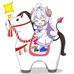  1girl :d ^_^ ahoge black_shoes blush brown_horns chibi chibi_only closed_eyes commentary_request curled_horns demon_girl demon_horns demon_tail dress frilled_dress frills full_body hair_intakes horns horse kotatsu-mazoku lilith_(homunculus)_(machikado_mazoku) lilith_(machikado_mazoku) long_hair long_sleeves machikado_mazoku neckerchief open_mouth pantyhose purple_hair purple_neckerchief sailor_collar sailor_dress shoes sidelocks simple_background sitting smile solo sparkle tail white_background white_dress white_pantyhose white_sailor_collar 