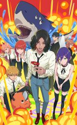  4girls 5boys acoshibata angel_devil_(chainsaw_man) beam_(chainsaw_man) black_hair black_necktie black_pants black_shorts black_suit boots braid brown_shoes chainsaw_man commentary_request demon demon_horns denim denji_(chainsaw_man) dress_shirt extra_eyes feathered_wings fire flower food gills halo highres holding holding_flower holding_food holding_ice_cream horns ice_cream jeans leaning_forward long_hair makima_(chainsaw_man) multiple_boys multiple_girls necktie pants pants_rolled_up pochita_(chainsaw_man) power_(chainsaw_man) purple_hair real_life red_boots red_eyes reze_(chainsaw_man) ringed_eyes shark_boy shirt shirt_hair shoes shorts single_braid sleeveless sleeveless_shirt sleeves_rolled_up sneakers squatting suit topknot v water white_halo white_shirt white_shoes wings yonezu_kenshi_(person) 