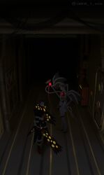  2boys absurdres armband bandages bandages_over_eyes black_coat black_pants coat commentary_request covered_eyes crown_of_thorns dark dim_lighting e.g.o_(project_moon) feathered_wings full_body hallway highres holding holding_scepter indoors lobotomy_corporation male_focus multiple_boys nugget_(project_moon) pants paradise_lost_(e.g.o) ponytail project_moon red_eyes red_hair rod_of_asclepius santa_3_2020 scepter short_hair single_wing twilight_(e.g.o) twitter_username white_coat white_hair wings 