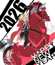  2026 absurdres ahoge alphonse_elric armor black_boots black_gloves black_jacket black_pants black_shirt blonde_hair boots braid breastplate chinese_zodiac clenched_teeth closed_eyes coat commentary edward_elric flying_sweatdrops full_armor fullmetal_alchemist gloves grin happy_new_year headless heavy_breathing highres holding holding_reins horseback_riding jacket long_coat long_hair mechanical_arms military_uniform okbdko123 outstretched_hand pants parted_bangs prosthesis prosthetic_arm red_coat reins riding shared_clothes shirt single_braid single_mechanical_arm smile snorting teeth white_eyes year_of_the_horse 