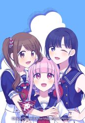  3girls alternate_costume ascot bare_arms bare_shoulders blue_background blue_eyes blue_hair blue_sailor_collar blue_shirt blunt_bangs brown_eyes brown_hair cloud_background collarbone commentary_request company_name copyright_notice dot_nose eyelashes flag fuji_fujino gold_buttons hair_ornament hair_over_shoulder hair_scrunchie halftone hand_on_own_hip happy head_on_head head_rest height_difference high-waist_skirt highres holding holding_flag holding_hands jewelry light_blush long_hair long_sidelocks looking_at_viewer magia_record:_mahou_shoujo_madoka_magica_gaiden mahou_shoujo_madoka_magica multiple_girls nanami_yachiyo nape_braid neckerchief official_art one_eye_closed open_mouth parted_bangs pink_eyes pink_hair pleated_skirt puffy_short_sleeves puffy_sleeves red_ascot red_neckerchief red_scrunchie ring sailor sailor_collar sailor_shirt scrunchie shirt short_hair_with_long_locks short_sleeves side_ponytail sidelocks skirt sleeveless sleeveless_shirt small_kyubey smile straight-on straight_hair striped_clothes striped_scrunchie tamaki_iroha tareme two-tone_background white_background white_sailor_collar white_shirt white_skirt yui_tsuruno 