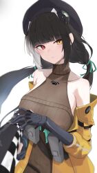  1girl beret black_hair black_hat breasts brown_sweater chinese_commentary commentary_request girls'_frontline_2:_exilium girls_frontline hat heterochromia highres holding holding_megaphone jacket megaphone moea_(pixiv_91611389) multicolored_hair off_shoulder parted_lips red_eyes ro635_(girls'_frontline) robella_(girls'_frontline_2) simple_background sleeveless sleeveless_sweater sleeveless_turtleneck solo streaked_hair sweater turtleneck two-tone_hair white_background white_hair yellow_eyes yellow_jacket 