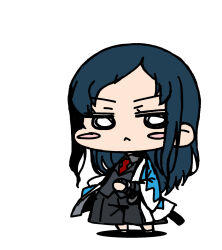  1girl :< black_hair black_jacket black_pants blue_haori blush_stickers chibi chibi_only commentary_request full_body gyousatsu_shinsengumi hand_on_hilt haori hijikata_toshie jacket japanese_clothes katana lapels long_hair looking_at_viewer necktie o_o pants parted_bangs red_necktie sheath sheathed shinsengumi simple_background solo standing sword weapon white_background yagumo_kengou 