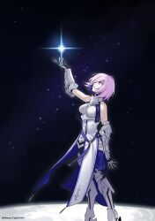  1girl armor armored_boots armored_leotard bare_shoulders black_gloves black_leotard boobplate boots bracer breasts colored_inner_hair commentary_request fate/grand_order fate_(series) faulds full_body gauntlets gloves gorget greaves hair_over_one_eye highres house_tag_denim korean_commentary large_breasts leotard looking_at_object looking_up mash_kyrielight mash_kyrielight_(paladin) moon multicolored_hair parted_lips purple_hair sleeveless space star_(sky) star_(symbol) turtleneck turtleneck_leotard two-tone_hair waist_cape 