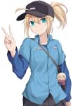  1girl ahoge artoria_pendragon_(fate) bag bag_charm baseball_cap black-framed_eyewear black_headwear blonde_hair character_charm character_doll charm_(object) coat collared_shirt cross_(crossryou) doll duffel_coat fate/grand_order fate_(series) fringe_trim fumo_(doll) glasses green_eyes hair_through_headwear hat highres long_hair long_sleeves looking_at_viewer mysterious_heroine_x_(fate) mysterious_heroine_x_alter_(fate) mysterious_heroine_x_alter_(first_ascension)_(fate) open_clothes open_coat plaid plaid_scarf ponytail red_scarf scarf semi-rimless_eyewear shirt shoulder_bag smile solo under-rim_eyewear upper_body v 