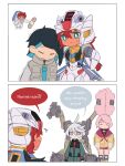  afro_puffs armor artist_request asticassia_school_uniform bandaid blue_hair chibi chuatury_panlunch colored_inner_hair cosplay dark_blue_hair english_text ericht_samaya green_jacket green_shorts gundam gundam_aerial gundam_aerial_(cosplay) gundam_suisei_no_majo highres hood hoodie jacket low_ponytail miorine_rembran multicolored_hair nika_nanaura pink_hoodie school_uniform shorts shoulder_boards siblings sisters suletta_mercury thick_eyebrows white_hair 