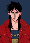  1boy absurdres black_eyes black_hair black_shirt blue_background closed_mouth commentary_request frown fukumoto_nobuyuki_(style) highres itou_kaiji jacket kaiji long_hair looking_at_viewer male_focus medium_bangs official_style open_clothes open_jacket parody pointy_nose red_jacket scar scar_on_cheek scar_on_face shirt sidelocks simple_background solo style_parody upper_body usarinko v-shaped_eyebrows 