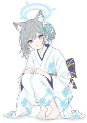  1girl alternate_costume animal_ear_fluff animal_ears barefoot blue_archive blue_eyes blue_flower blue_halo blush bright_pupils clenched_hand collarbone commentary_request cross cross_hair_ornament flower grey_hair hair_between_eyes hair_bun hair_ornament halo highres inverted_cross japanese_clothes kimono looking_at_viewer medium_hair mismatched_pupils numbered obi purple_sash sash shiroko_(blue_archive) single_hair_bun solo squatting t1kosewad white_kimono wolf_ears 