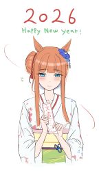  +++ 1girl 2026 absurdres alternate_costume animal_ears blue_eyes blue_flower blunt_bangs closed_mouth commentary english_commentary floral_print floral_print_kimono flower hair_bun hair_flower hair_ornament happy_new_year highres holding_omikuji horse_ears horse_girl japanese_clothes kimchi_(user_mpzz8457) kimono long_hair long_sleeves looking_at_viewer obi obijime omikuji orange_hair print_kimono sash silence_suzuka_(umamusume) simple_background smile solo umamusume upper_body white_background white_kimono yellow_sash 