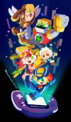  1girl 4boys blonde_hair blue_bodysuit blue_helmet blush_stickers bodysuit boots brown_eyes buysell_bird chibi chibi_only clenched_hands forehead_jewel game_boy_advance glide.exe_(mega_man) gloves green_eyes gutsman.exe handheld_game_console helmet highres iceman.exe leotard long_hair mega_man_(series) mega_man_battle_network_(series) mega_man_battle_network_1 megaman.exe multiple_boys netnavi one_eye_closed open_mouth parka pink_helmet pink_leotard roll.exe_(mega_man) salute short_hair smile spiky_hair 