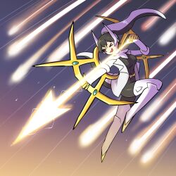  1girl arceus arrow_(projectile) black_bodysuit black_hair bodysuit comet commentary energy_arrow gold_halo gradient_background halo high_ponytail holding holding_arrow judgment_(pokemon) kasugai_(de-tteiu) maria_(kasugai_(de-tteiu)) multicolored_eyes multicolored_hair one_eye_closed personification pokemon ponytail solo spiked_halo suit tail two-tone_hair white_hair white_suit 