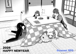  1boy 2026 3girls absurdres camera camera_around_neck character_request commander_(girls'_frontline) commentary_request food girls'_frontline_2:_exilium girls_frontline happy_new_year hat highres indoors jacket kotatsu meimushi mr._pizza_(girls'_frontline_2) multiple_girls open_clothes open_jacket peritya_(girls'_frontline_2) sakura_(girls'_frontline_2) shirt sitting smile t-shirt table tatami twitter_username type_100_(girls'_frontline) vepley_(girls'_frontline_2) 