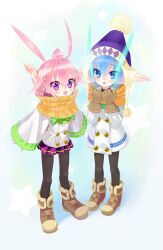  2girls :d :o absurdres adjusting_scarf antenna_hair axiacid beanie black_pantyhose blue_eyes blue_hair boots brown_boots brown_gloves commentary_request dress enpera full_body gloves hair_between_eyes hair_flaps hair_ornament hat highres large_ears long_pointy_ears long_sleeves looking_at_viewer multiple_girls open_mouth orange_scarf original pantyhose pink_hair plaid_clothes plaid_scarf pleated_skirt pointy_ears pom_pom_(clothes) pom_pom_beanie purple_hat purple_skirt ribbon-trimmed_sleeves ribbon_trim scarf shirt skirt sleeves_past_wrists smile standing star_(symbol) star_hair_ornament star_in_eye suzuka_sutera_(axiacid) symbol_in_eye violet_eyes white_dress white_shirt wide_sleeves 