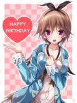  1girl :d black_ribbon blue_jacket blush border brown_hair chaamii character_request checkered_background clenched_hand collarbone eyelashes eyes_visible_through_hair hair_between_eyes hands_up happy_birthday hapymaher head_tilt heart highres jacket long_hair long_sleeves looking_at_viewer low_ponytail open_clothes open_hand open_jacket open_mouth pink_background ribbon shirt signature simple_background smile solo spiky_hair tsurime upper_body violet_eyes white_border white_shirt 