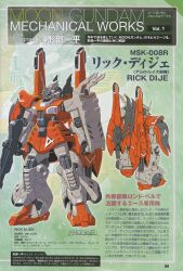  absurdres back beam_rifle cable comparison dijeh earth_federation_space_forces energy_gun gundam gyoubu_ippei highres machinery magazine_scan mecha mecha_focus mixed-language_text mobile_suit moon_gundam multiple_views no_humans official_art one-eyed radio_antenna rick_dijeh robot scan science_fiction shield translation_request weapon 