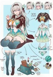 1girl :d :o artist_request bag black_cardigan blush boots bow brown_footwear cardigan character_sheet coin compact_(cosmetics) costume_chart diary expressions firefly_(honkai:_star_rail) gradient_hair green_hair hairband hand_up headband honkai:_star_rail honkai_(series) lace lingerie lipstick long_hair notebook orange_bow orange_ribbon pouch reference_sheet ribbon shoes_removed shoulder_bag sitting thighhighs underwear wavy_hair white_hair zettai_ryouiki