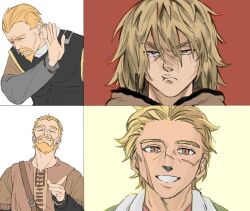  2boys age_progression armor askeladd be8bx black_armor blonde_hair breastplate brown_capelet brown_eyes capelet closed_eyes derivative_work drakeposting_(meme) facial_hair frown furrowed_brow goatee grey_shirt grin hair_between_eyes hair_slicked_back male_focus medium_hair meme multiple_boys multiple_scars multiple_views parted_bangs scar scar_on_cheek scar_on_face scar_on_nose shirt short_hair smile teeth thorfinn upper_body vinland_saga white_shirt 