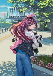  1girl aburage_(motimotigg20) animal_charm aqua_eyes bag blush brown_hair building camisole charm_(object) dappled_sunlight denim floating_hair flower flower_bed from_behind grin hair_ribbon hedge highres holding holding_stuffed_toy jeans kizuna_ai kizuna_ai_inc. layered_shirt long_hair long_sleeves looking_back multicolored_hair outdoors pants pink_streaks pinstripe_pattern pinstripe_shirt ribbon shirt shoulder_bag smile solo streaked_hair stuffed_animal stuffed_panda stuffed_toy sunlight tree virtual_youtuber 