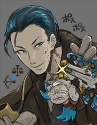  2boys black_hair brown_coat coat commentary_request fate/grand_order fate_(series) green_eyes grey_background holding holding_mini_person holding_smoking_pipe james_moriarty_(archer)_(fate) male_focus mini_person miniboy multiple_boys nervous_smile saida_(ohda_ooda) sherlock_holmes_(fate) sideburns smile smoking_pipe translation_request 