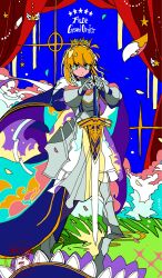  1girl ahoge armor artoria_pendragon_(fate) blonde_hair blue_cape breastplate cape commentary_request excalibur_(fate/stay_night) fate/grand_order fate_(series) gauntlets green_eyes highres ima_mo_nao_kangaechuu lord_logres_(fate) lord_logres_(third_ascension)_(fate) short_hair solo 