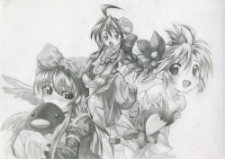  3girls aruma_(shinrabanshou) baggy_pants bow braid clothing_cutout commentary_request curled_horns dress feathered_wings graphite_(medium) hair_bobbles hair_bow hair_ornament hama_(hammar) highres holding holding_stuffed_toy horns juliet_sleeves konoha_(shinrabanshou) leaf_hair_ornament long_sleeves multiple_girls open_mouth pants pink_bloom_miyabi puffy_sleeves ring_hair_ornament sandals shinrabanshou short_dress short_twintails sidelocks single_braid sleeves_past_wrists smile socks standing standing_on_one_leg stomach_cutout strapless strapless_dress stuffed_animal stuffed_penguin stuffed_toy traditional_media twintails wings 