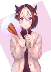  1girl :o alternate_costume animal_ears blush bow braid brown_hair bubble_tea carrot casual commentary_request cotton_candy cup disposable_cup drink drinking_straw ear_bow ear_ornament food hair_between_eyes half_up_braid highres holding holding_carrot holding_cotton_candy holding_cup holding_food horse_ears horse_girl jacket looking_at_viewer milk_tea multicolored_hair open_clothes open_jacket open_mouth pink_eyes pink_jacket purple_bow red_sweater simple_background solo special_week_(umamusume) standing straight-on sweater turtleneck turtleneck_sweater two-tone_background two-tone_hair umamusume unbuttoned_jacket upper_body white_hair yami_anko 