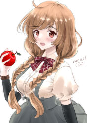  1girl apple arm_warmers blush bow bowtie braid breasts brown_hair cloud_hair_ornament dated food fruit grey_skirt kantai_collection kitagawa_mikio large_breasts long_hair looking_at_viewer low_twin_braids minegumo_(kancolle) open_mouth plaid_bow plaid_bowtie plaid_clothes red_bow red_bowtie red_eyes shirt skirt solo suspender_skirt suspenders twin_braids upper_body white_background white_shirt 