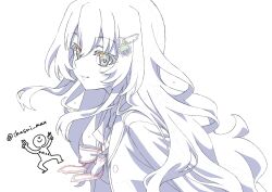  1girl 9-nine- blush_stickers bow bowtie cardigan clip_studio_paint_(medium) closed_mouth color_trace commentary_request eyes_visible_through_hair ezukiyamai floating_hair from_side gear_hair_ornament hair_between_eyes hair_ornament hakusen_academy_school_uniform highres kujou_miyako limited_palette long_hair looking_at_viewer monochrome open_cardigan open_clothes school_uniform sidelocks simple_background smile solo split_mouth star_(symbol) star_print twitter_username upper_body very_long_hair wavy_hair white_background wing_hair_ornament 