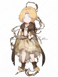  1boy ankle_boots bare_legs black_headband blonde_hair blue_eyes boots brown_boots brown_cape cape chinese_commentary commentary_request curtained_hair dagger deformed full_body fur-trimmed_cape fur_trim headband highres holding holding_dagger holding_knife holding_weapon knife lars_rorschach looking_at_viewer lovebrush_chronicles male_focus no_mouth official_alternate_costume open_clothes open_robe parted_bangs pointy_boots reverse_grip robe sample_watermark sash short_hair simple_background solo tassel two-sided_cape two-sided_fabric waist_sash wangulongdong watermark watermark_grid weapon white_background yaopei yellow_cape yellow_robe 