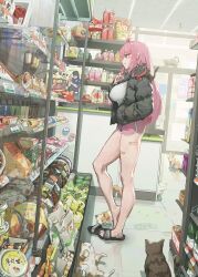 1girl convenience_store groceries long_hair looking_at_another pink_hair short_shorts