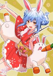  1girl :d absurdres animal_ear_fluff animal_ears blue_hair braid brown_background carrot commentary_request don-chan_(usada_pekora) double_bun drooling floral_background hair_bun highres hololive japanese_clothes kimono kiritoma looking_at_viewer mouth_drool multicolored_hair obi outstretched_arm rabbit-shaped_pupils rabbit_ears red_eyes red_kimono sash short_eyebrows short_sleeves signature smile solo sunburst sunburst_background symbol-shaped_pupils thick_eyebrows two-tone_hair usada_pekora usada_pekora_(new_year) virtual_youtuber white_hair wide_sleeves 