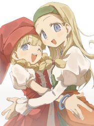  2girls arm_around_waist bangle bead_necklace beads blonde_hair blue_eyes blunt_bangs bracelet braid dragon_quest dragon_quest_xi dress earrings green_dress green_hairband hair_between_eyes hair_tubes hairband hat highres hug jewelry juliet_sleeves light_blush long_hair long_sleeves magainu multiple_girls necklace one_eye_closed open_mouth phrygian_cap puffy_short_sleeves puffy_sleeves red_dress red_hat senya_(dq11) shirt shirt_under_dress short_sleeves smile teeth twin_braids upper_body upper_teeth_only veronica_(dq11) white_background white_shirt 